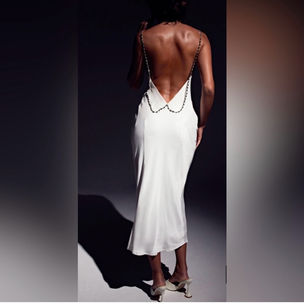 MESHKI Rasta Cowl Neck Diamante Strap Midi Dress - White